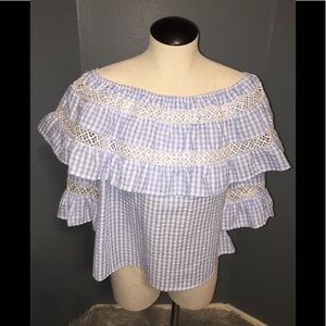 IJOAH Blue Gingham Off The Shoulder Top